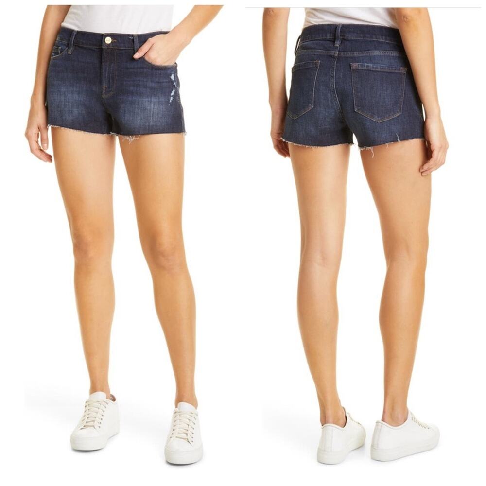 Frame Le Cutoff 2.5” Distressed Mid Rise Stretch Denim Jean Shorts Blue 28